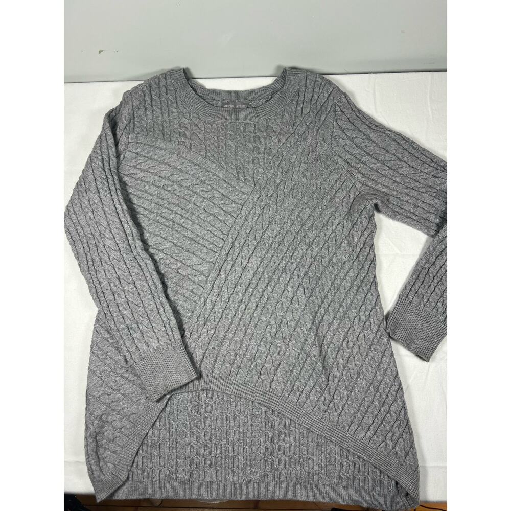 EVOLUTION BY CYRUS Women's Gray Cable Knit Asymmetric Hem Pullover‎ Size L